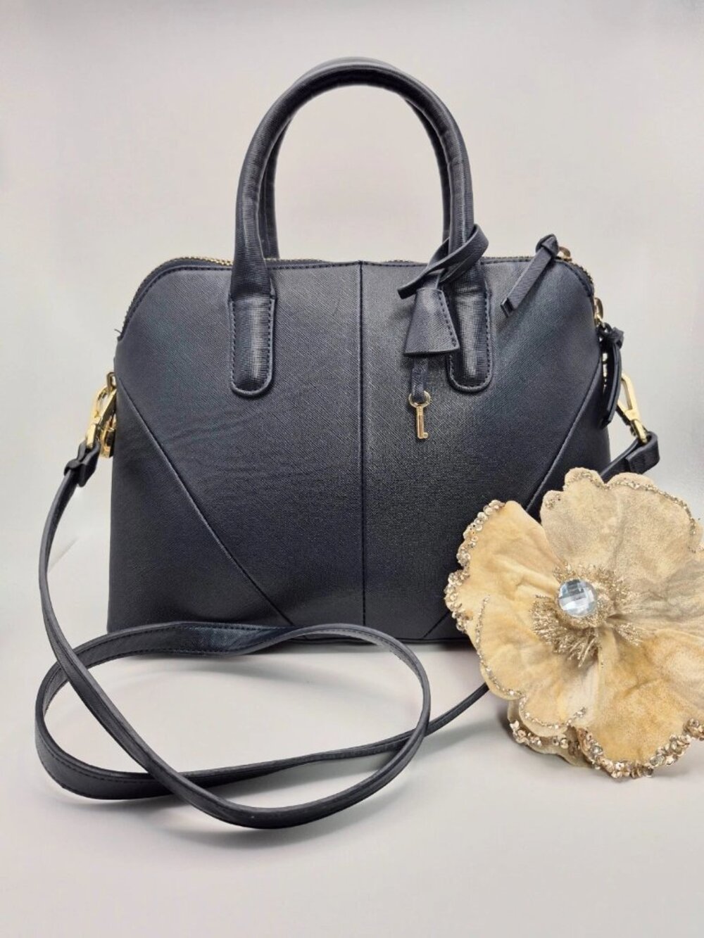 Zara Woman Navy Blue Structured Satchel Crossbody Bag Purse  Gold Hardware